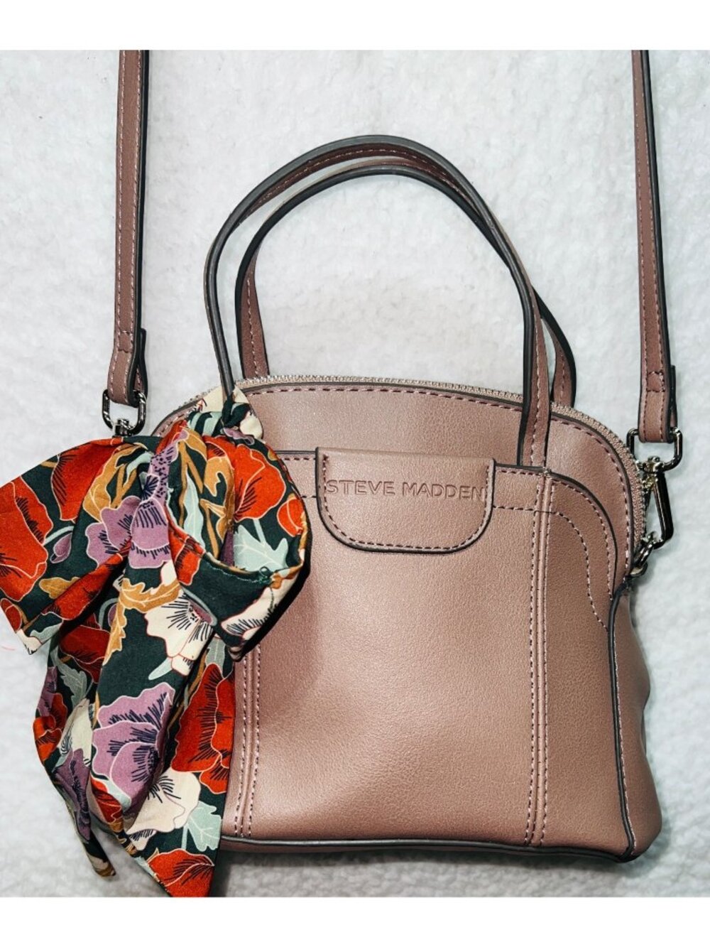 Steve Madden Mini Crossbody Bag w Floral Scarf Accent Adjustable Strap Taupe